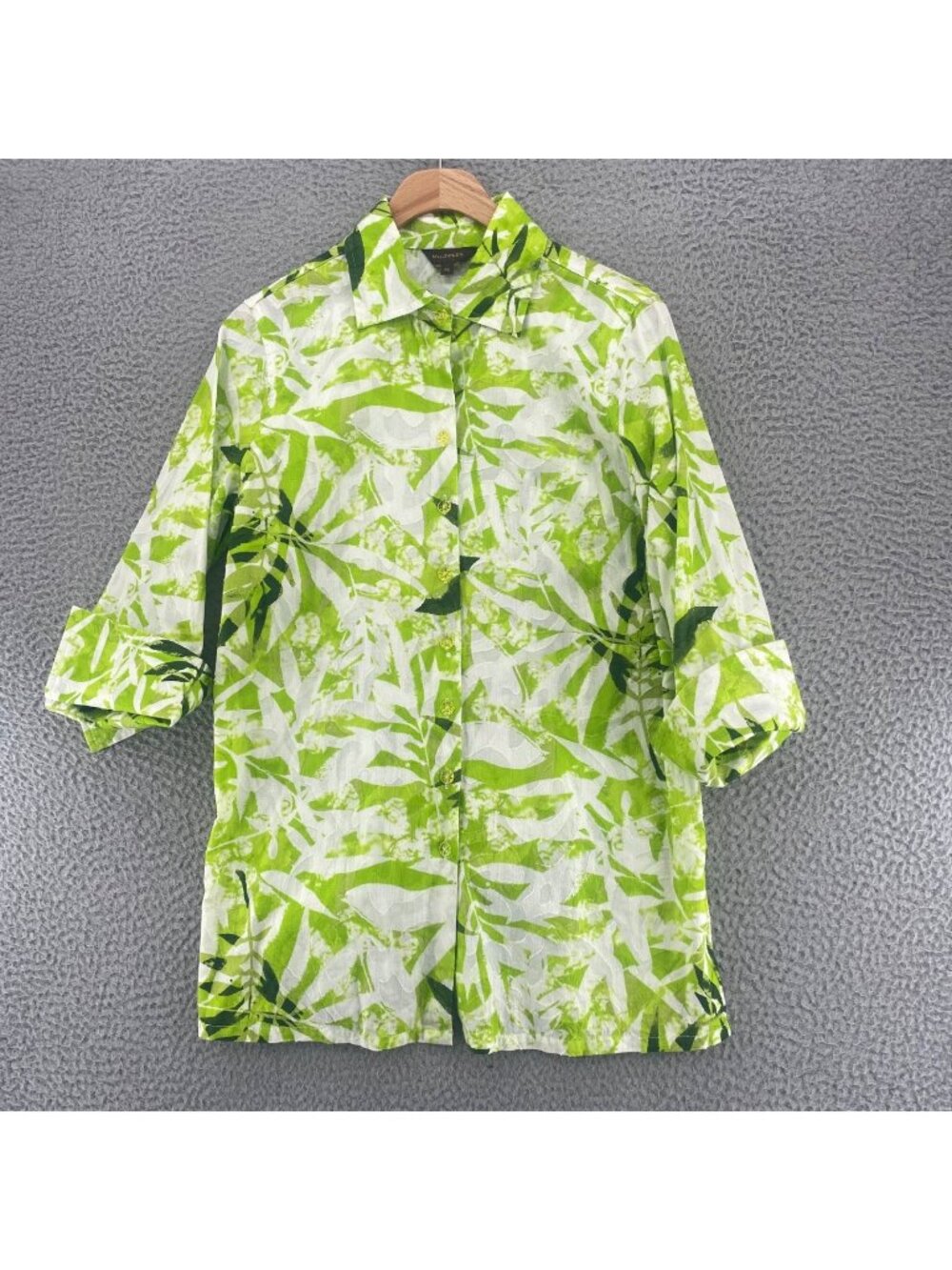 Multiples Shirt Womens Small Petite Green Fern Floral Button Up Collared Casual